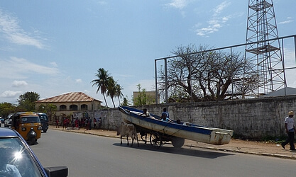 charette de zebu portant une barque sur la route de Madagascar